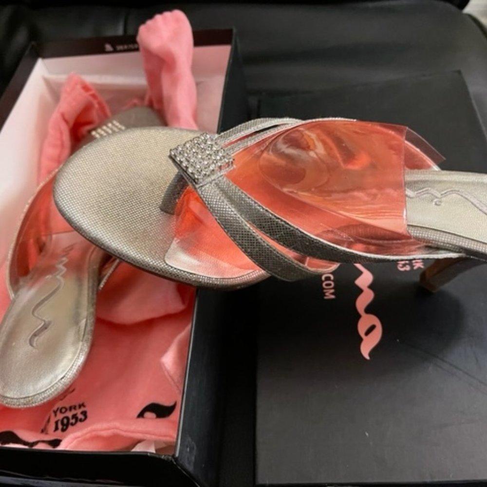 Silver Nina rhinestoned sandals, size 8